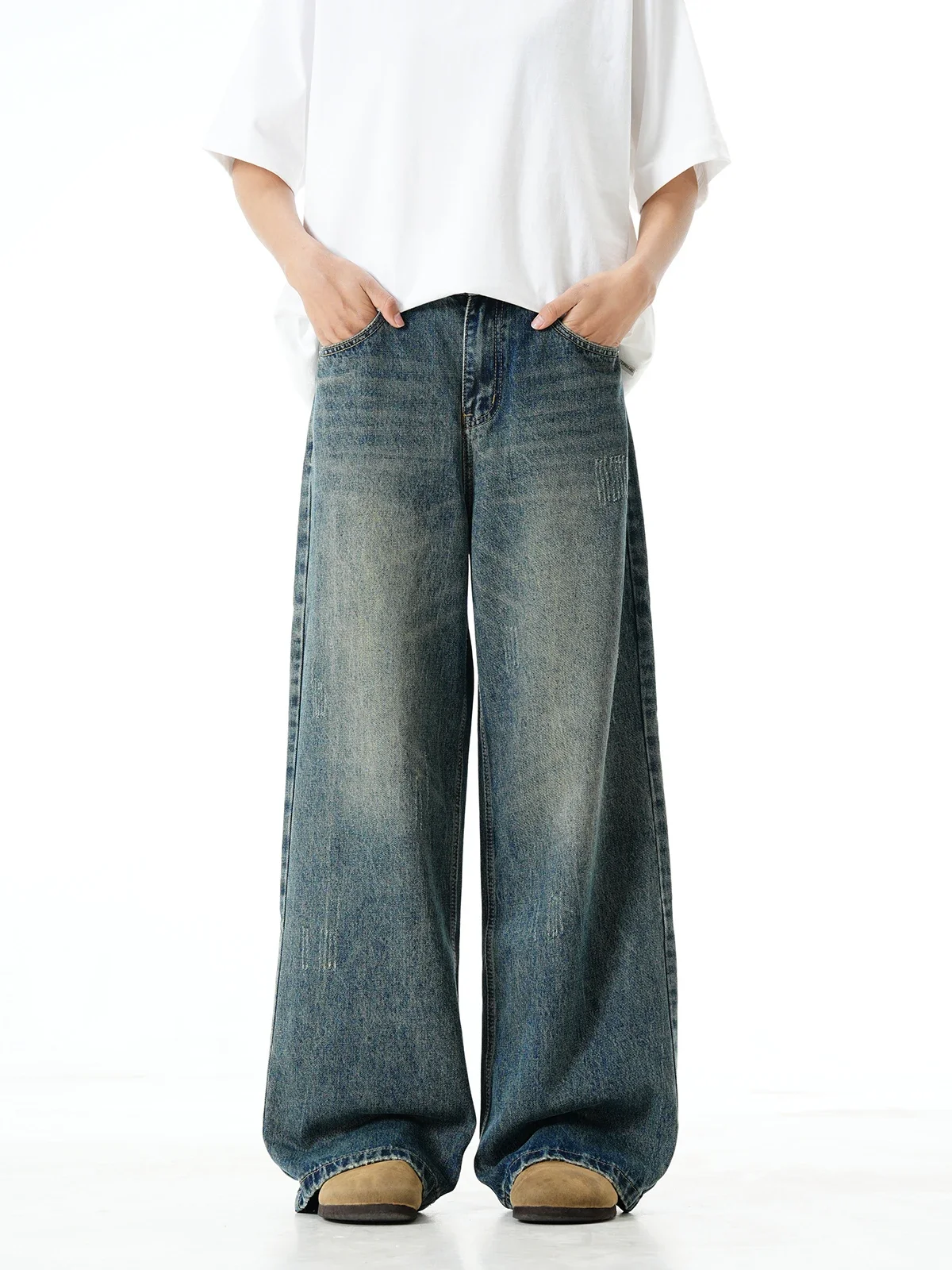 Loose straight wide-leg jeans American washed old retro long pants for men and women