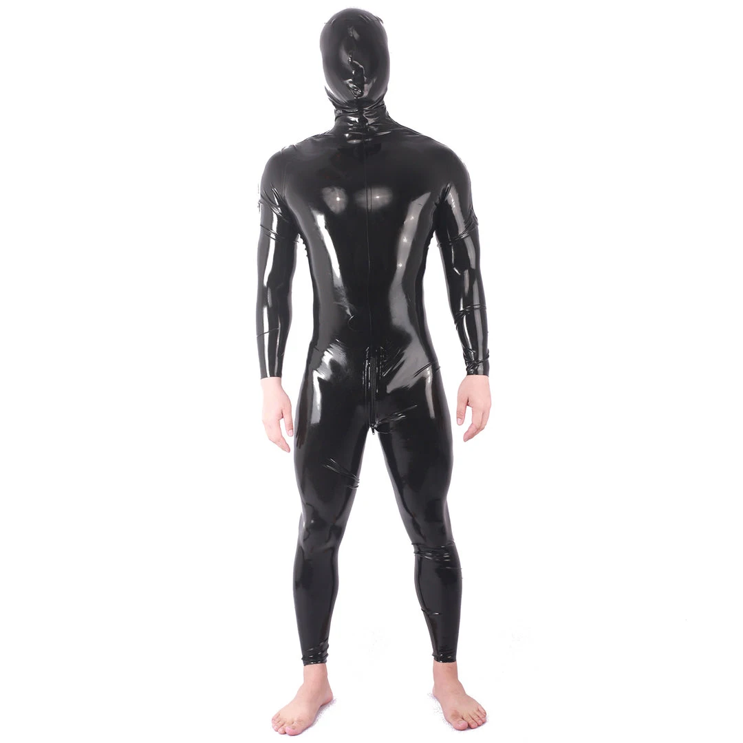 

100% Latex Pure Rubber Black Jumpsuit Men‘s Catsuit Sport Bodysuit Overall with Hood 0.4mm S-XXL