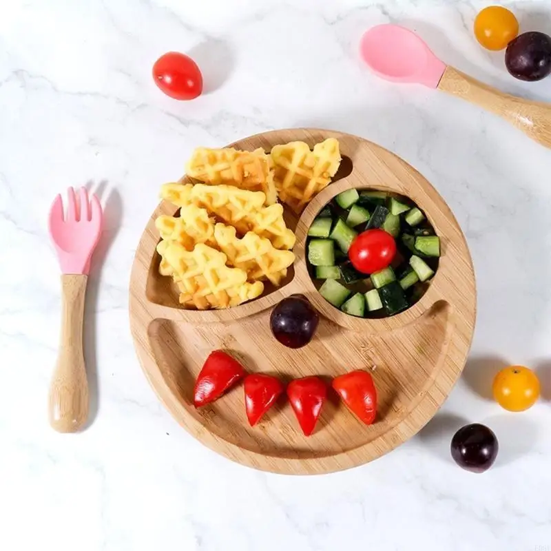 

E06F Unreakeable Sursction Plate Spoon Bowl Spoon Fork Eco-Friendly Bamboo Dish-Swore
