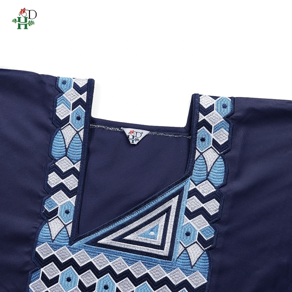 New African Women's Navy Blue Kaftan Embroidery Djellaba with Headwrap For Casual Ramadan Couple Daily Boubou Wedding Party Gown