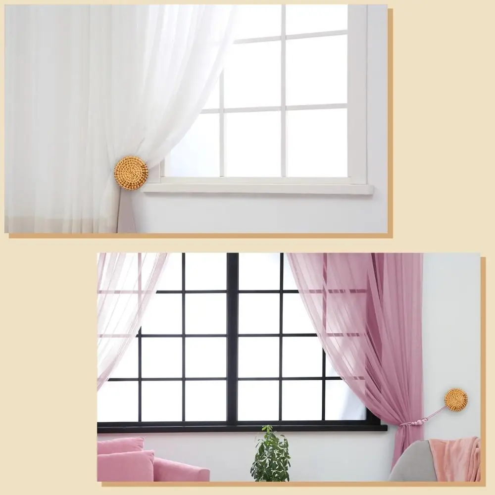 2 Pack Simple Wall Mounted Curtain Tiebacks Wooden Bohemia Curtain Holdback Modern Round Shape Wall Hooks for Bedroom Window