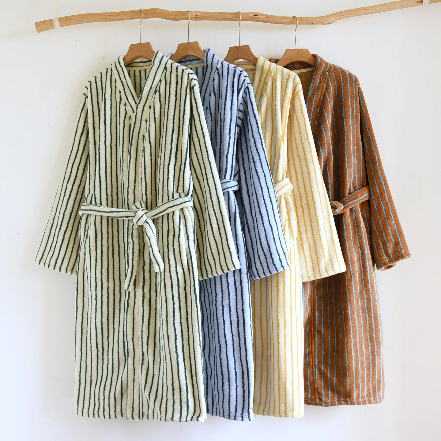 Autumn Winter Women fleece Bath Robs High Quality Sleep Robe Soft Fleece Women Casual Striped Nightgown