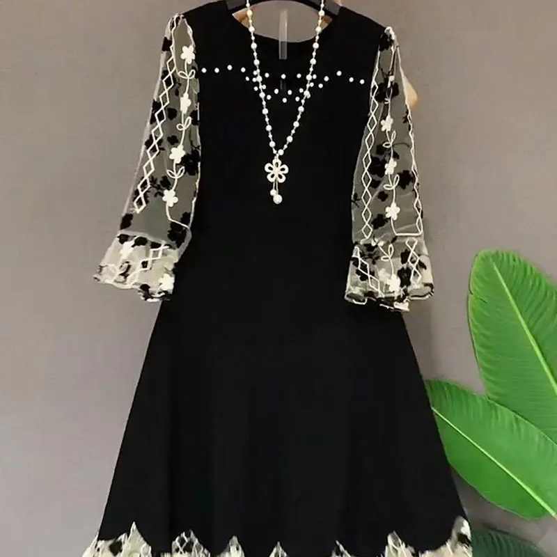 Women\'s Clothing Broken Flowers Spliced Dresses Fashion Beading Spring Autumn Round Neck Elegant Drawstring A-Line Midi Dress