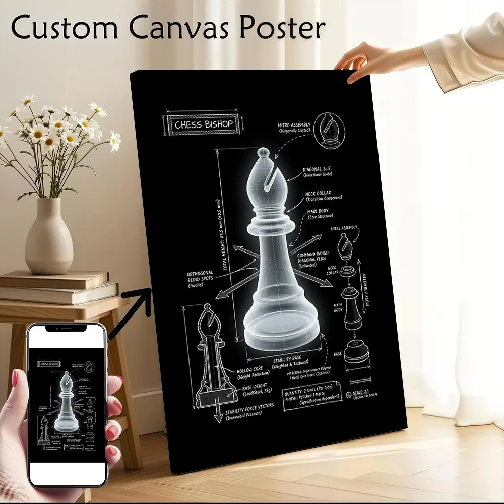 Chess Bishop Blueprint Poster Canvas Wall Art Personalized Print Modern Painting Perfect Gift for Home and Decoration Decor Room