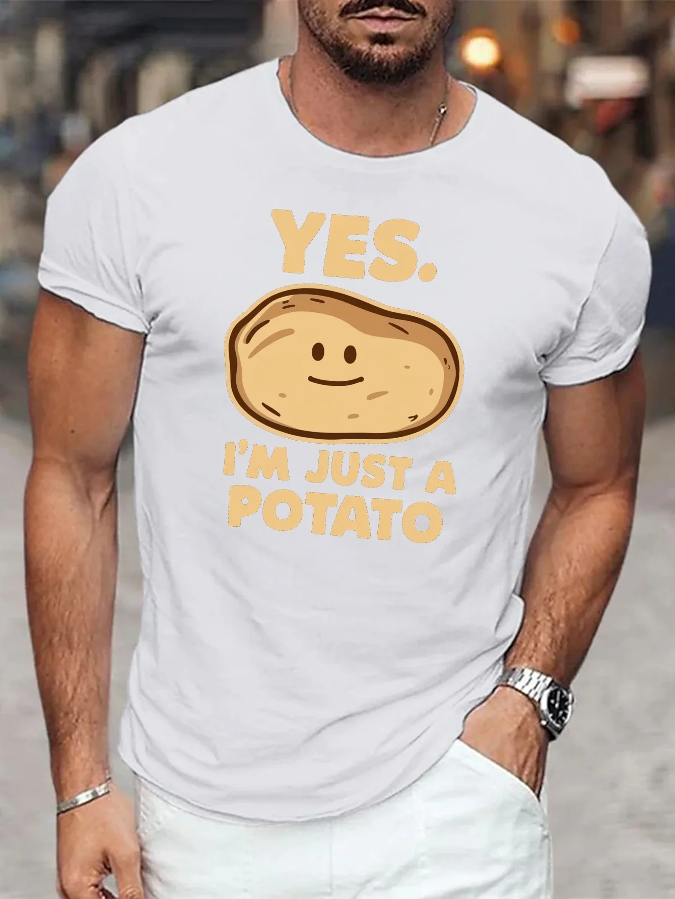 Funny Yes I'm Just A Potato Cartoon Smiley Potato Print T Shirt Humor Cute Food Pattern Short Sleeve Casual Streetwear Male Tops