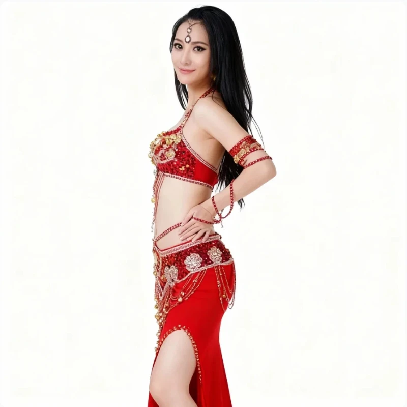 

Women Sexy Belly Dance Beaded Top Bra & Belt 2pieces Belly Dance Costume Outfit Set Female Bollytwood Dance Costume 11 Colors