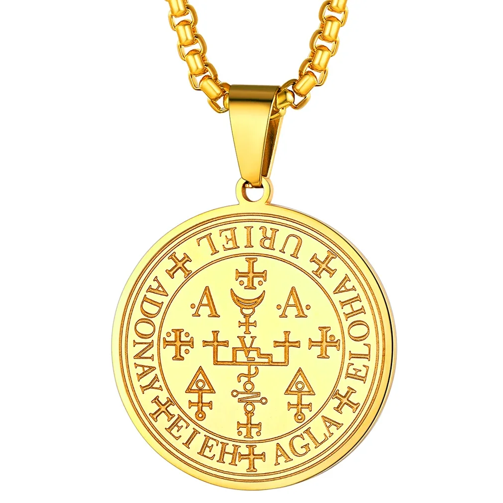 Starlord Sigil of Archangel Uriel Talisman Necklace for Men Women 18K Gold Plated Amulet Inscription Prayer Medallion Pendant