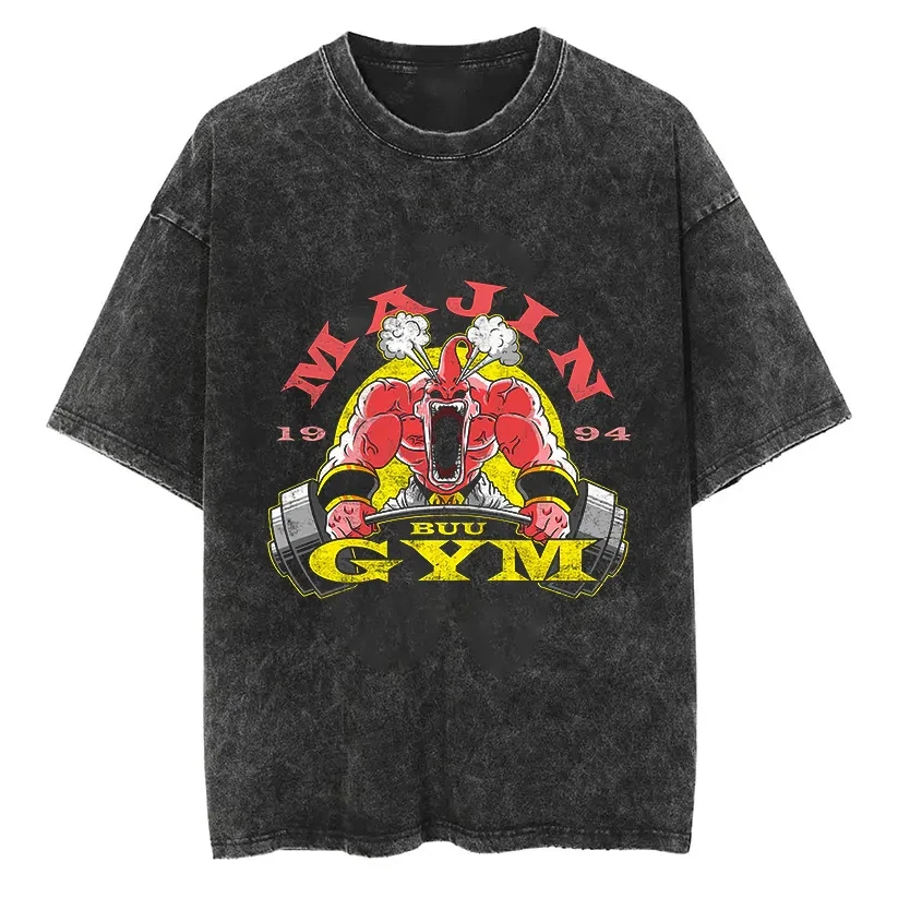 Majin Buu Gym T Shirt Dragon Ball Z Men Bodybuilding Fitness Acid Wash Oversized Cotton Workout Lifting Anime Tees