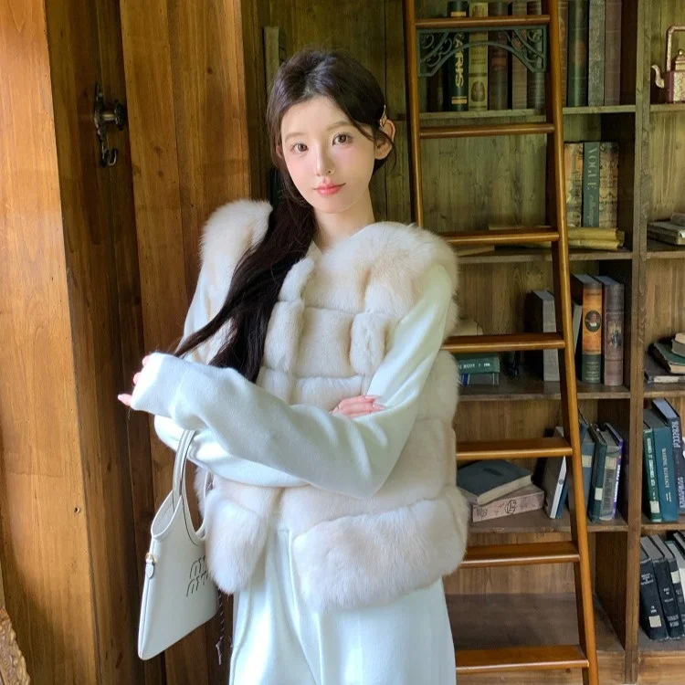 

Корейский модный молодежный меховой жилет для женщин, короткий, из полиэстера, без рукавов, с круглым вырезом, на пуговицах