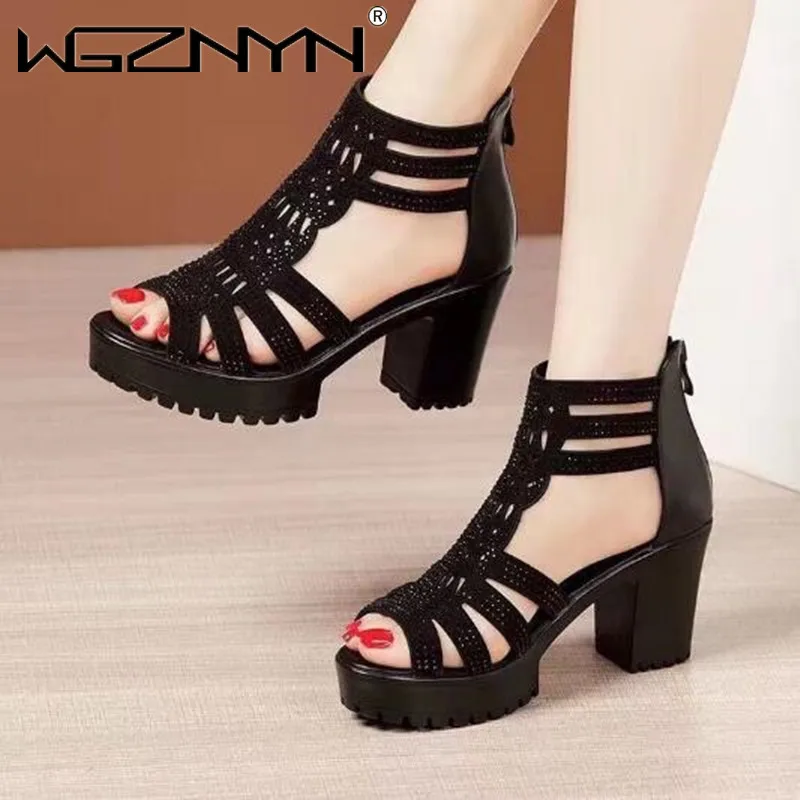 2025 Summer Women High Heel Shoes Rome Women Peep Toe Platform Chunky Heel Gladiator Sandals Outdoor Zip Dress Party Heeled Shoe