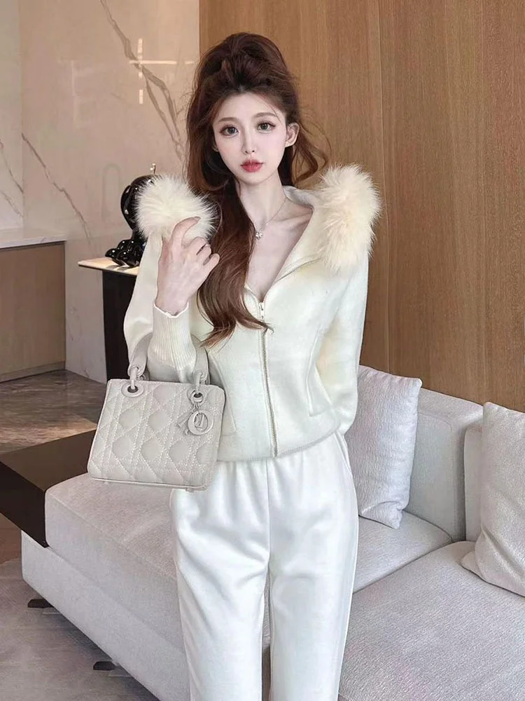 Ladies Thiened Knitted Coat with Fur Collar Spring Autumn New Faion Slimming Hooded Top Women's ort Outerwear