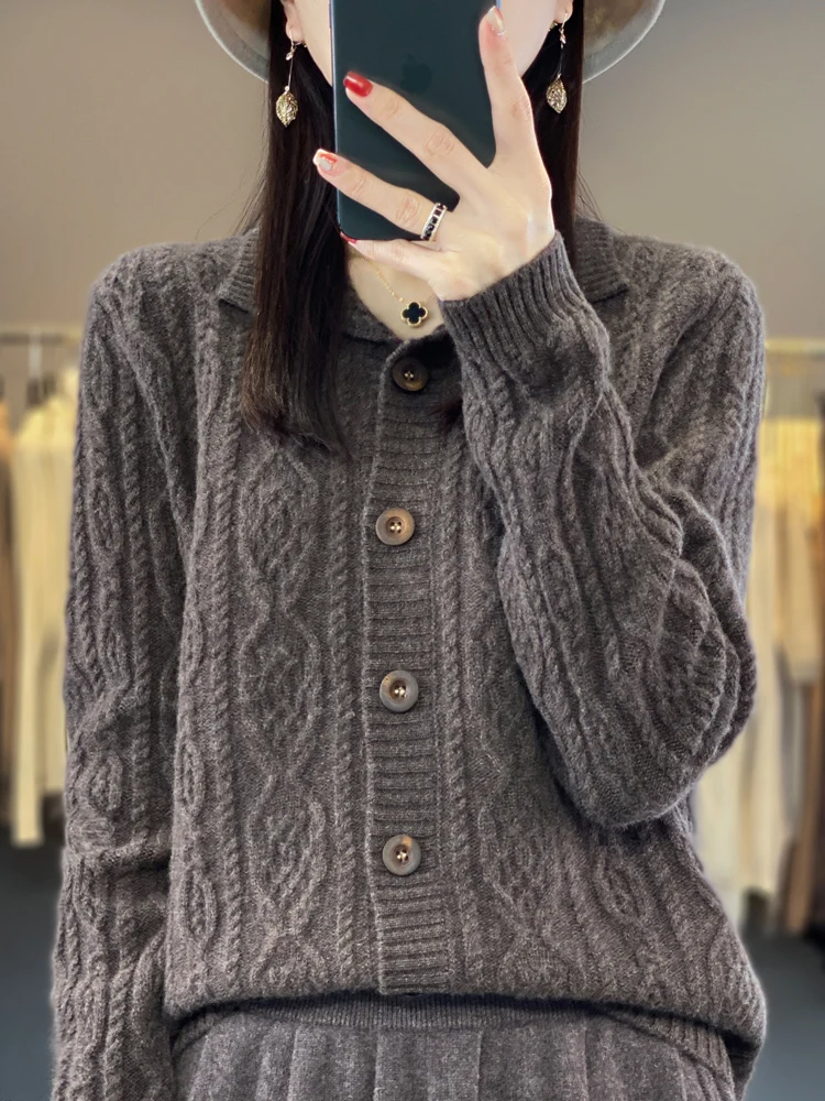 New Chic Women Cable Knit Sweater Thick Cardigan Autumn Winter 100% Merino Wool Long Sleeve Warm Cashmere Knitwear Korean Top