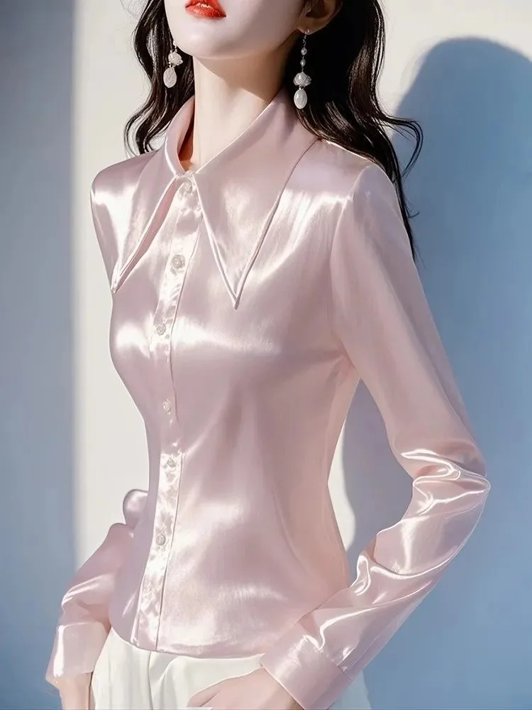 Silk Long Sleeve Shirt Waist Cinched High End Top Professional Collar Button down Women's Slim Fit Commute Style Shirt