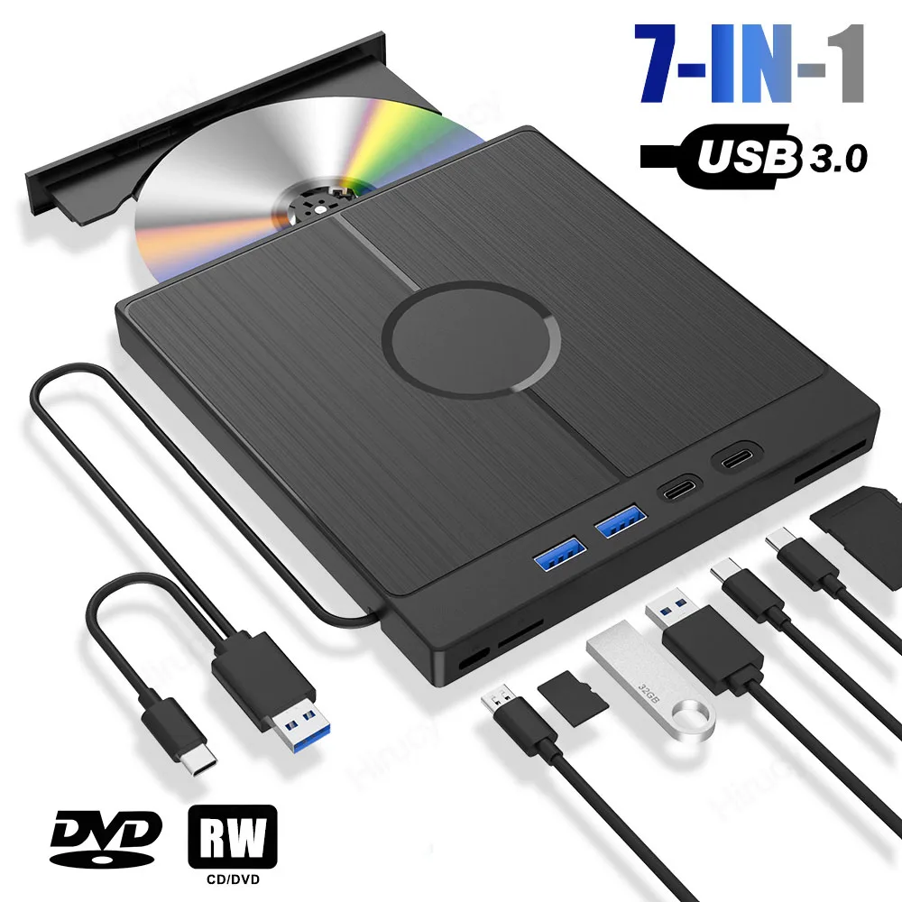 

7-в-1 USB 3.0 Type C Внешний CD DVD RW Оптический привод DVD-плеер Устройство записи Многофункциональный привод для Windows Mac ПК Ноутбук