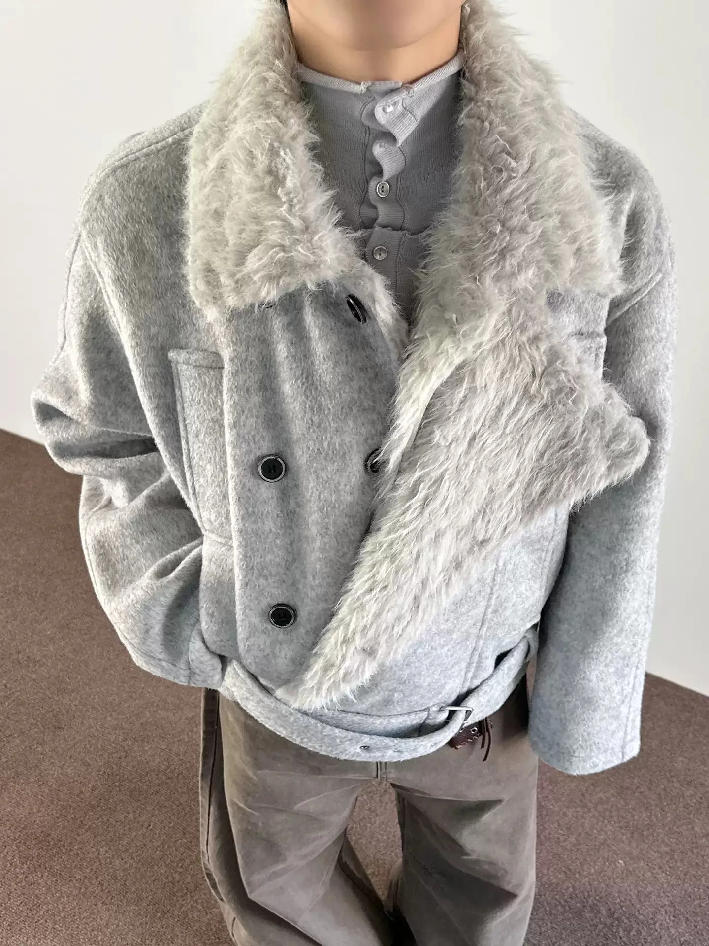 

Patchwork Belt Design Wool Jackets For Man Double Breasted Mountain Carving Padded Coat Thicken Keep Warm