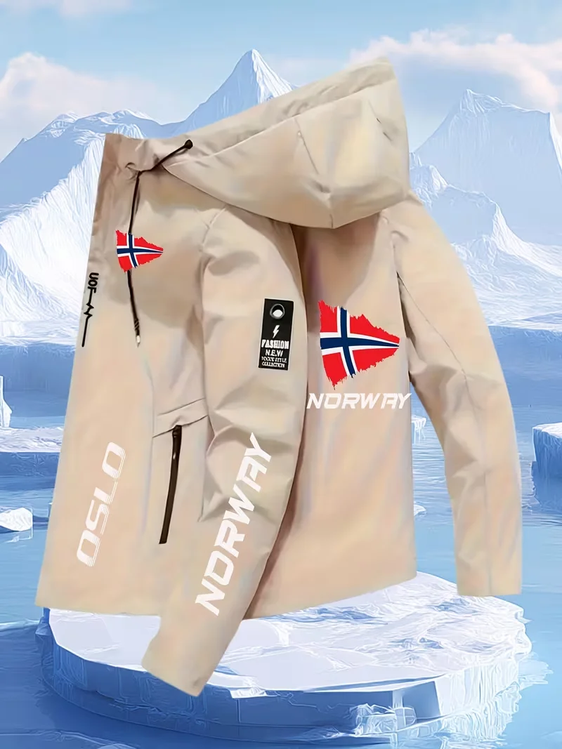 Herren-Jacke mit Kapuze und Norwegen-Flagge (Oslo), winddichter Outdoor-Mantel, Nationalreise-Windbreaker, lässige Kapuzenjacke – Detail 3