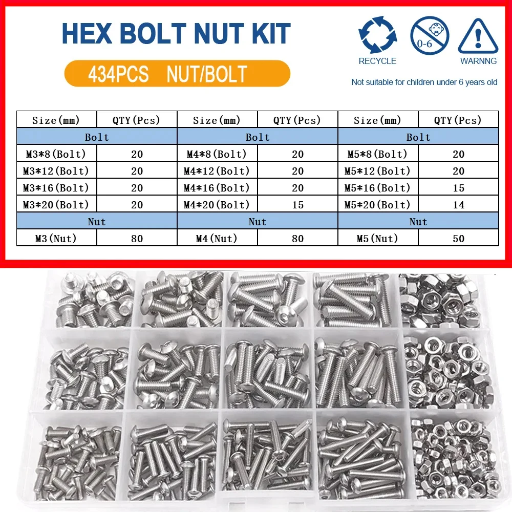 M2 M3 M4 M5 M6 Allen Sechskantmutter Bolzensatz 304 Edelstahl Sechskantschraube Muttern Set Knopf Rundkopf Maschinenschrauben Muttern Kit – Detail 14