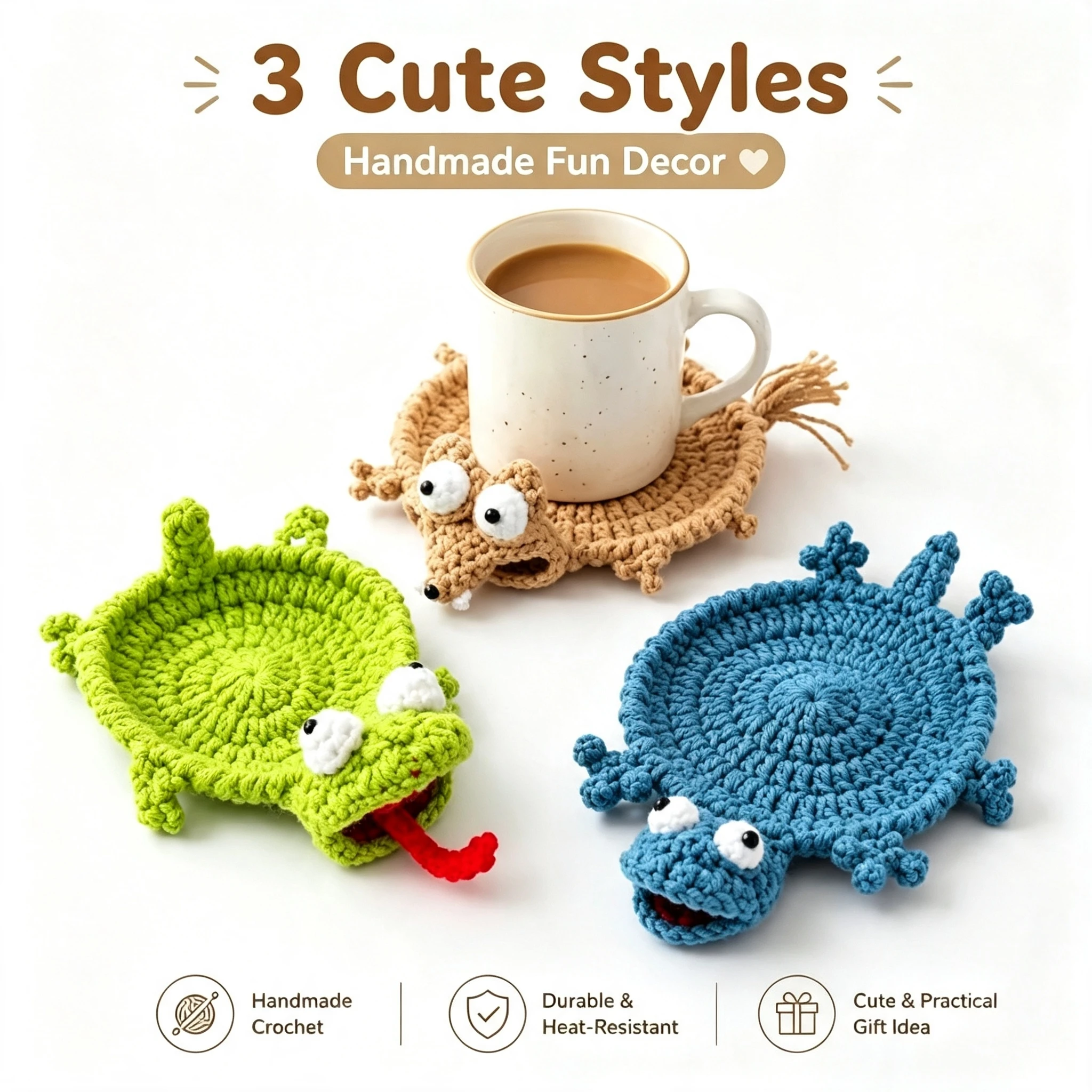 Handwoven Animal Shape Crochet Cup Coaster Reusable Coffee Tea Cup Pad Creative Desk Table Decor Household Heat Insulation Mat
