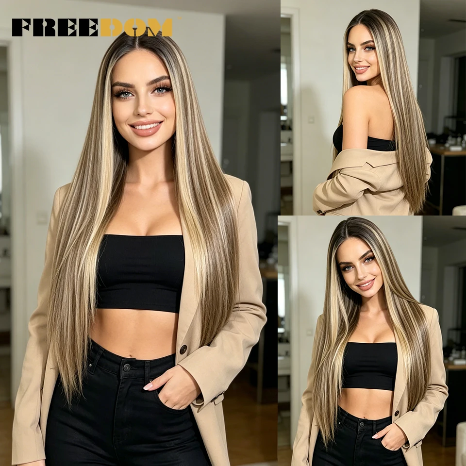FREEDOM Synthetische Lace-Front-Perücken für Damen, 30 Zoll lang, glatt, Ombré-Braun-Blond, natürliche Lace-Perücke, vorgezupft, für den täglichen Gebrauch. – Detail 7