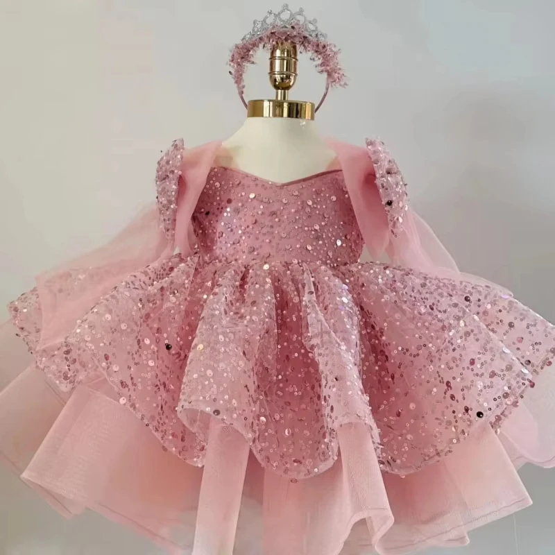 Vestidos curtos da menina de flor ouro tule lantejoulas com arco ombro manga curta para festa aniversário casamento vestidos comunhão sagrada