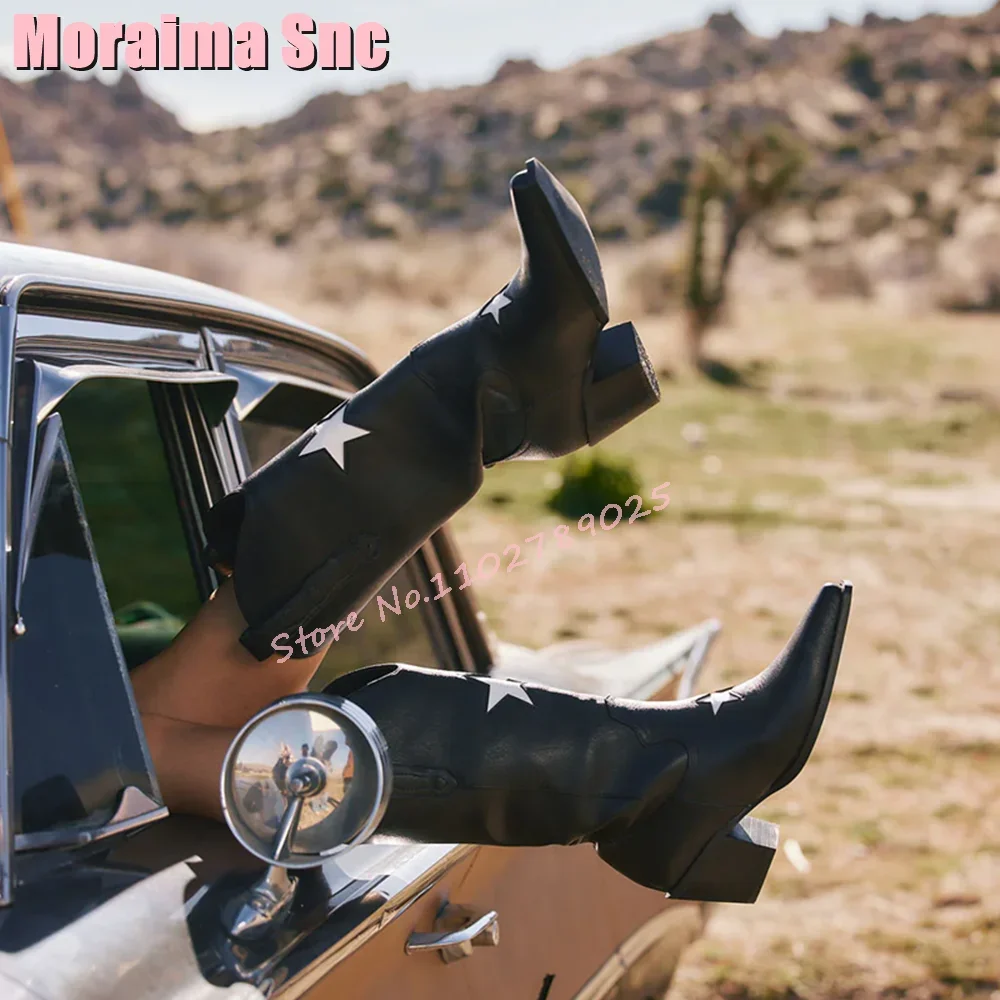 

Женские ботинки в стиле ретро, с острым носком, украшенные звездами, модные кожаные ботинки до середины икры на блочном массивном каблуке, без застежки, Осень-зима 2024