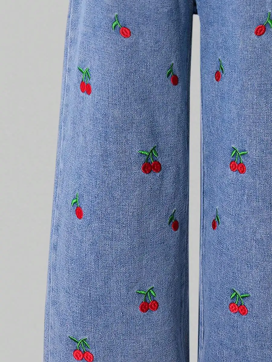 

Embroidered Denim Pants With Cherry Pattern, Cute Casual Style, Spring Summer Autumn