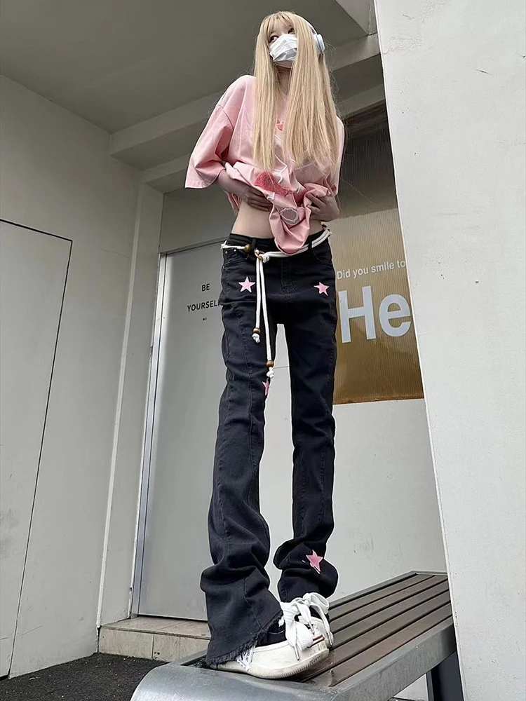 Estilo americano picante menina micro queimado jeans feminino outono 2025 nova casual estrela impressão moda perna reta calças versáteis