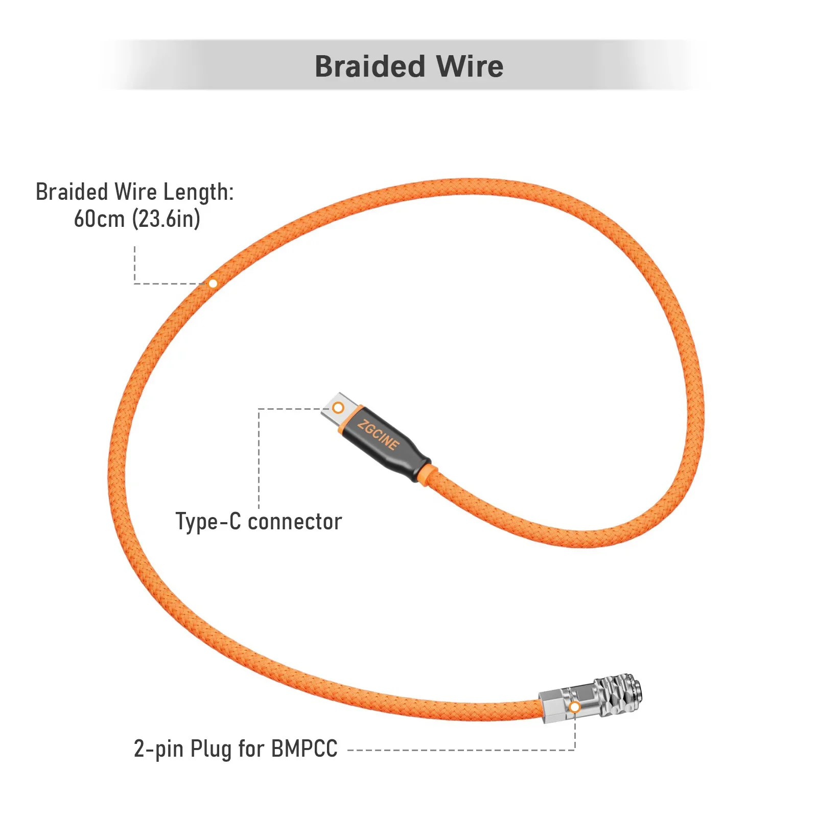 ZGCINE PD-BMD Cavo di alimentazione da USB-C a BMPCC a 2 pin Lunghezza 60 cm con cavo intrecciato per Blackmagic Pocket Camera 4K/6K e batteria con attacco a V