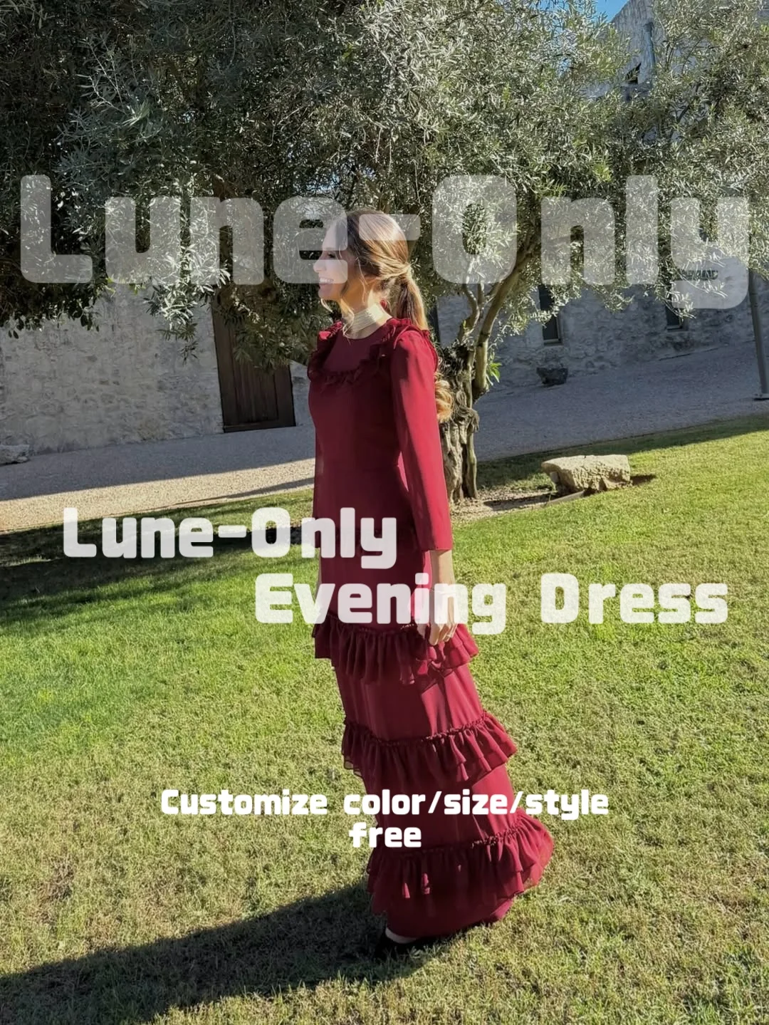 تخصيص عنابي الشيفون المتدرج الكشكشة النساء فساتين السهرة طويلة الأكمام أنيقة حزب ثوب مستقيم حفلة موسيقية اللباس الرسمي #4