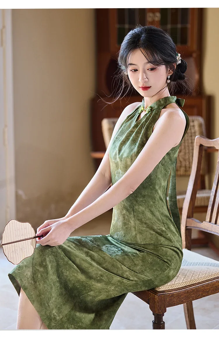 

Summer Women Hanging Neck Sleeveless Print Long Cheongsam Fashion Improved Young Chinese Style Evening Qipao Dress
