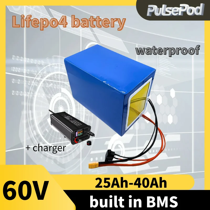 

60 В, 40 Ач, 30 Ач, 25 Ач, аккумулятор lifepo4 с глубоким циклом BMS для 2500 Вт, 1500 Вт, 1000 Вт, 750 Вт, велосипед, скутер, трехколесный велосипед, Go Cart, автомобильное зарядное устройство 5 А