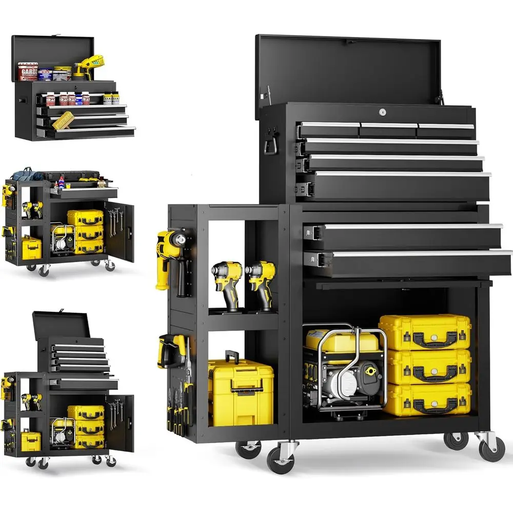 

Комод для мобильных инструментов с 8 ящиками, автоматическим замком, запираемыми колесами, выдвижными ящиками и съемной крышкой для хранения в гараже и мастерской.