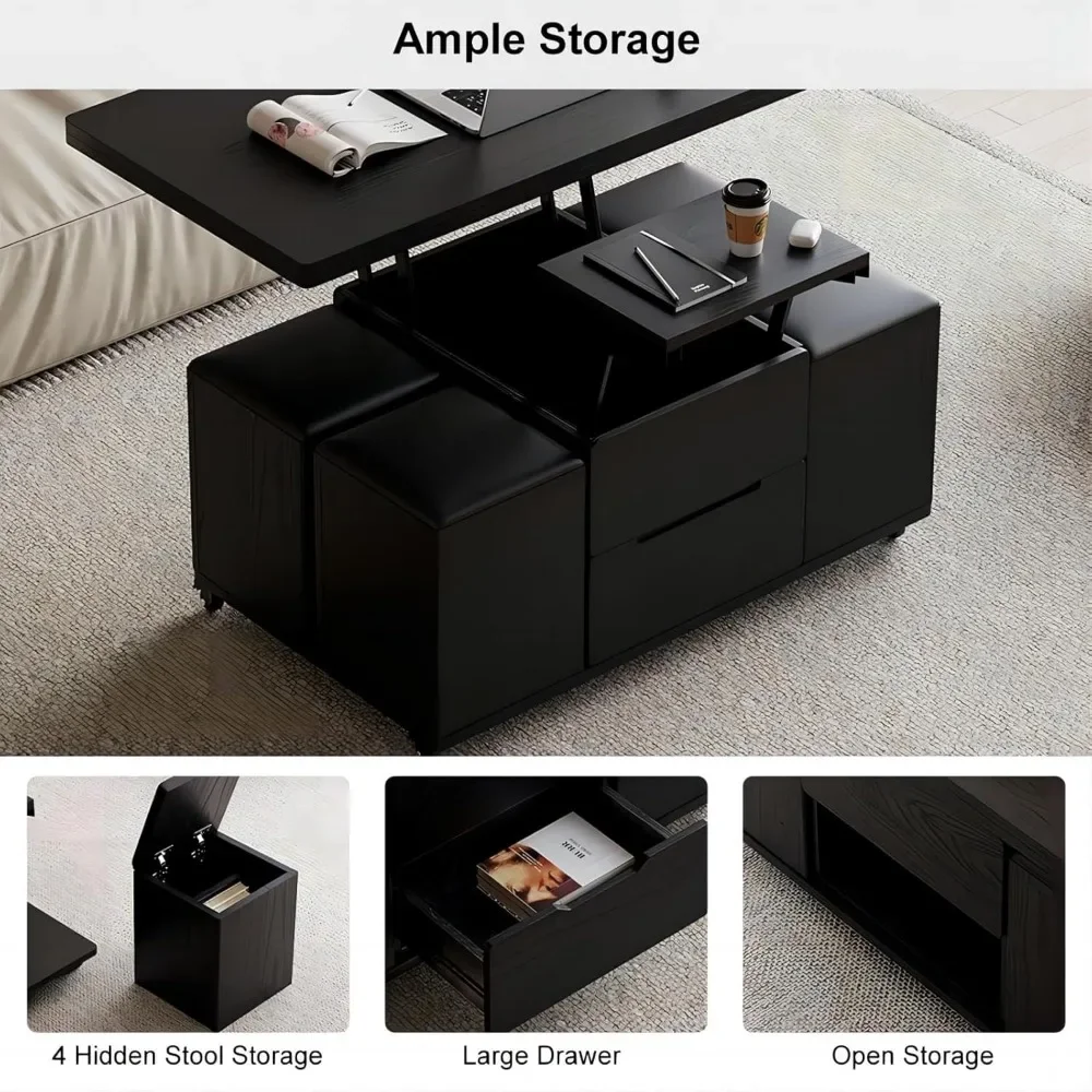 Black Lift-Top Coffee Table With Hidden Storage, Multifunctional 3-in-1 Modern Coffee Table With 4 Stools And Lockable Wheels|