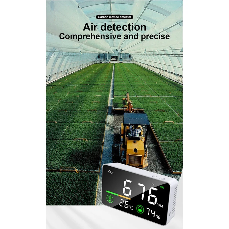 เครื่องตรวจจับก๊าซคาร์บอนไดออกไซด์แบบพกพา3-in-1เครื่องตรวจจับคุณภาพอากาศ ABS สีขาวสำหรับห้องเพาะปลูกสำนักงาน1ชิ้น