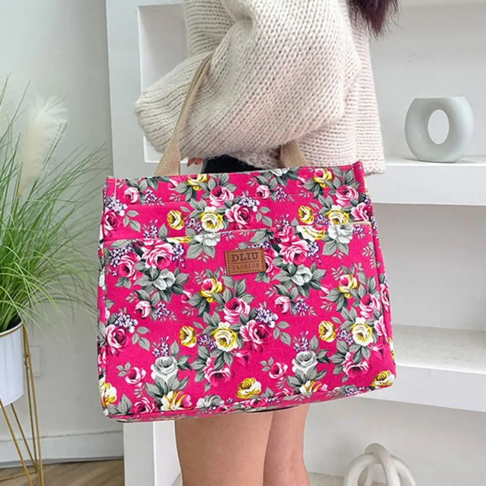

Portable Portable Floral Print Tote Bag Zipper Ethnic Style Casual Handbag Fabric Large Capacity Canvas Lunch Bag Women