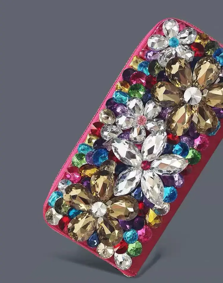 Multifunctional Women Wallet Genuine Cowhide Handbag Credit ID Card Holder Coin Pocket Crystal Rhinestones Diamond Clutch Purse