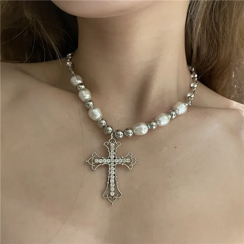 Y2K Pearl Cross Pendant Necklace Women Punk Retro Women Religious Zircon Chain Necklaces Girls Hip Hop Party Trendy Jewelry Gift