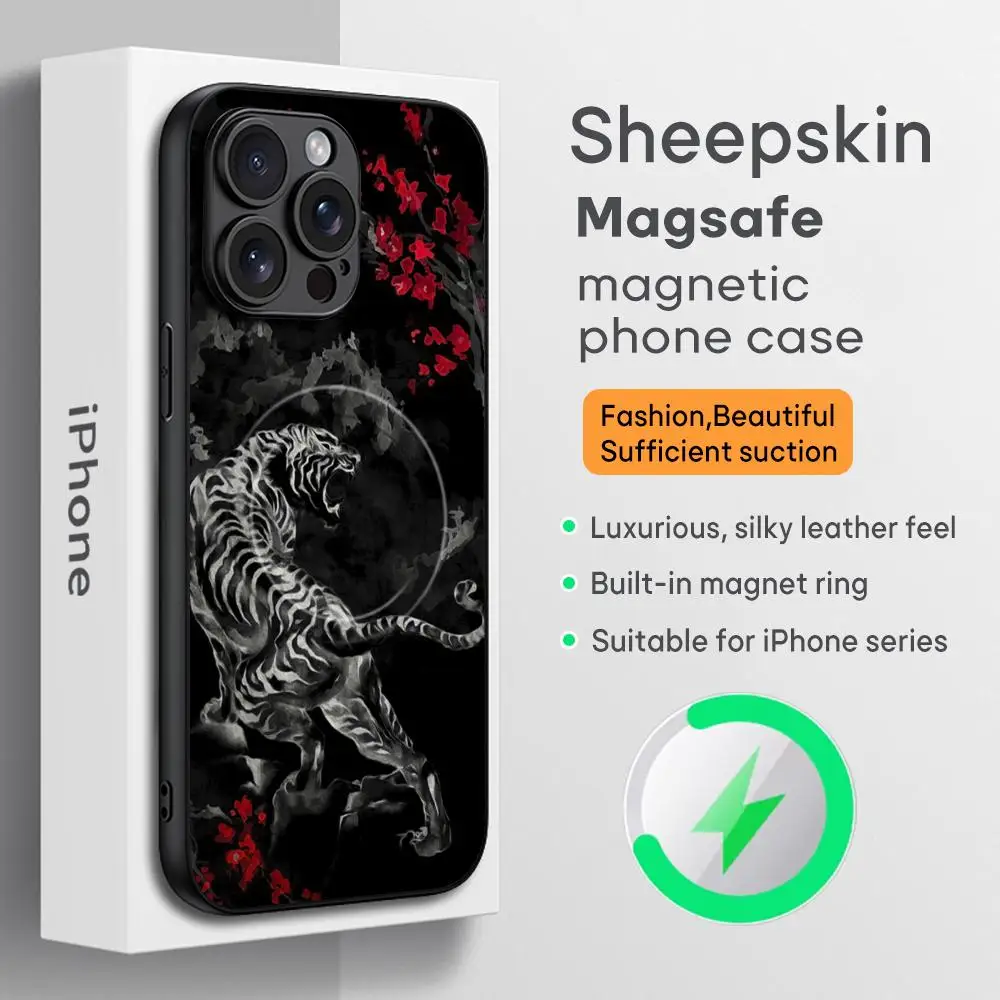 

Power fierce tiger cool Phone Case For iPhone 16 15 14 13 12 11 Plus Pro Max High-end Luxury Magsafe Sheepskin