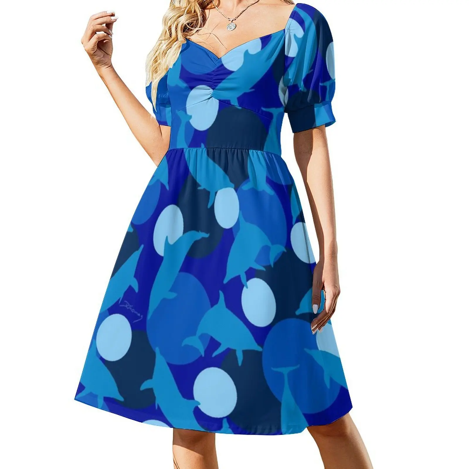 فستان قصير من Delfine / Dolphins Blau / أزرق على طراز Preppy للنساء على شكل حرف a فضفاض مناسب فستان يوم غير رسمي دولفين كوموندولفين المحيط #2
