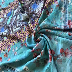 1 meter 100% Mulberry Silk 13 momme Crepe Silk Fabric Blue Floral Printed 110cm 43