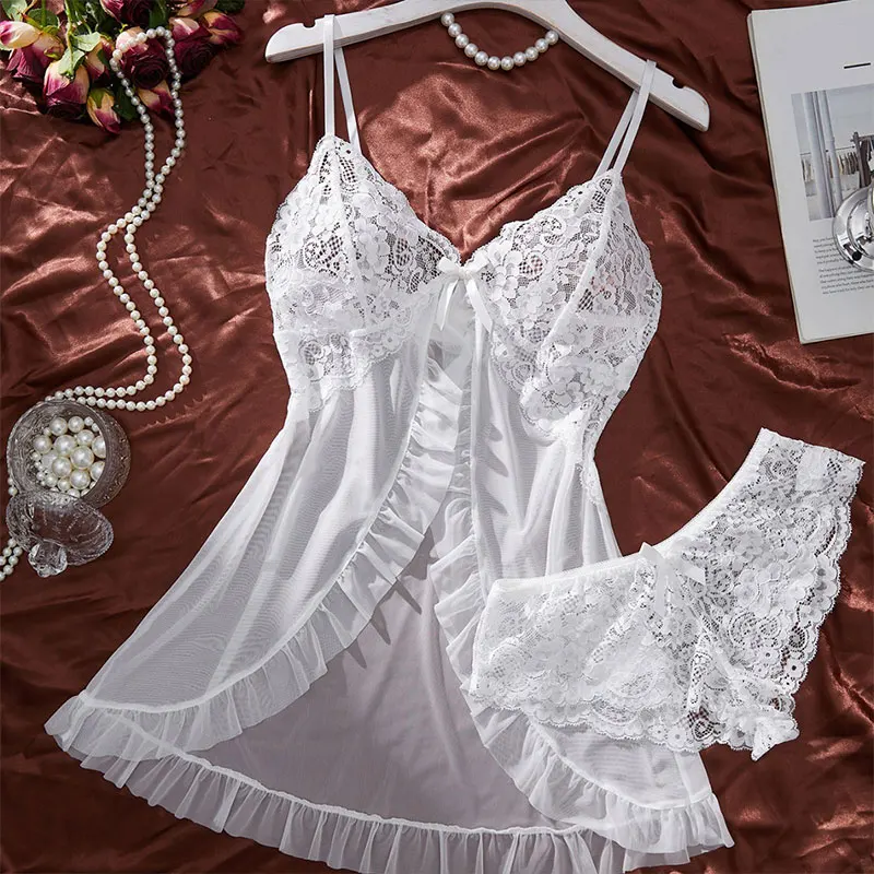 Transparent White Tulle Nightgown Halter Homewear Woman Pajama Set With Panties Plus Size Curve Dress Hot Adult Lingerie Pajamas
