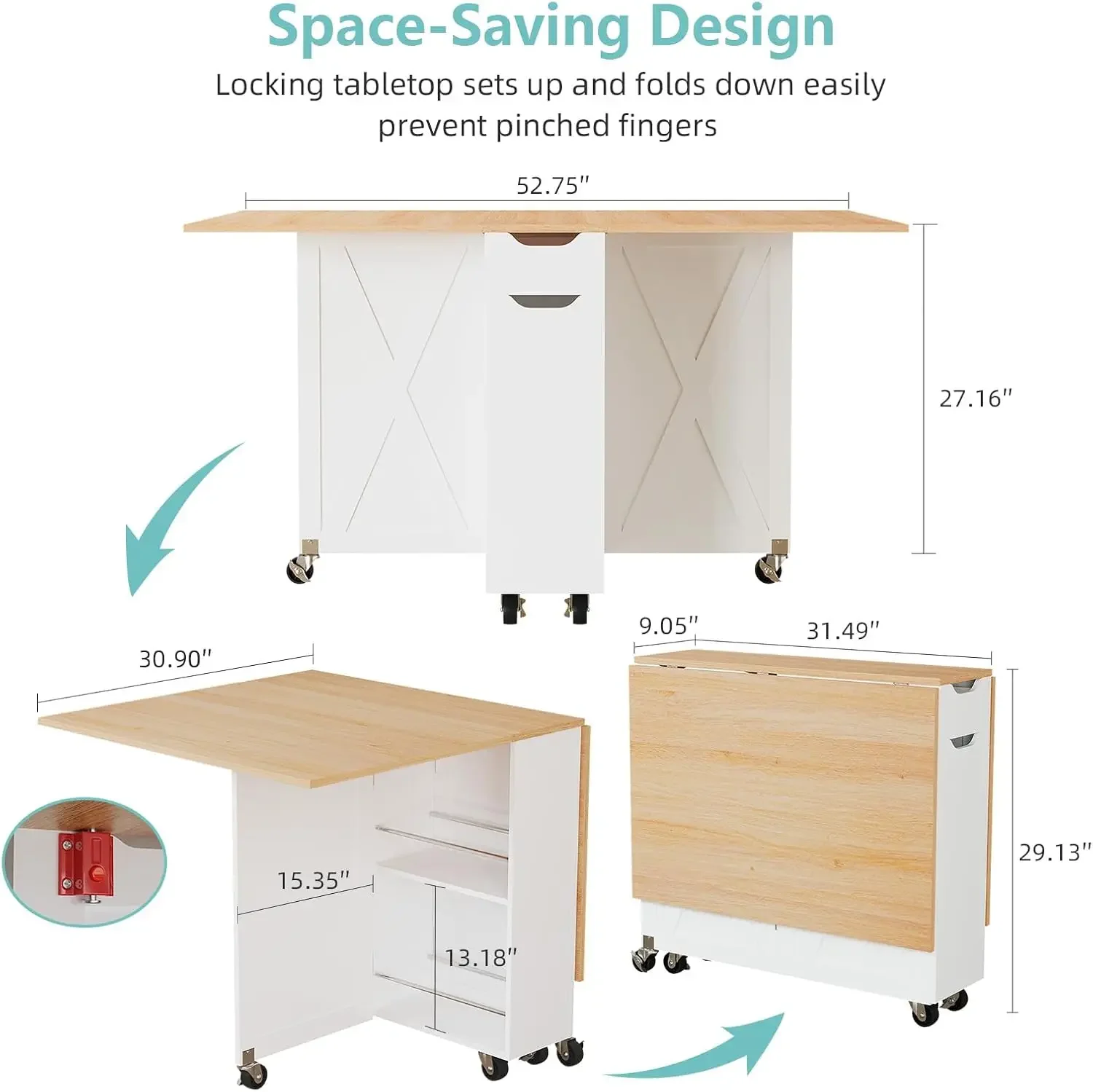 Folding Dining Table, Versatile Foldable Kitchen Dinner Table with Drawer 2 Storage Racks and 6 Wheels