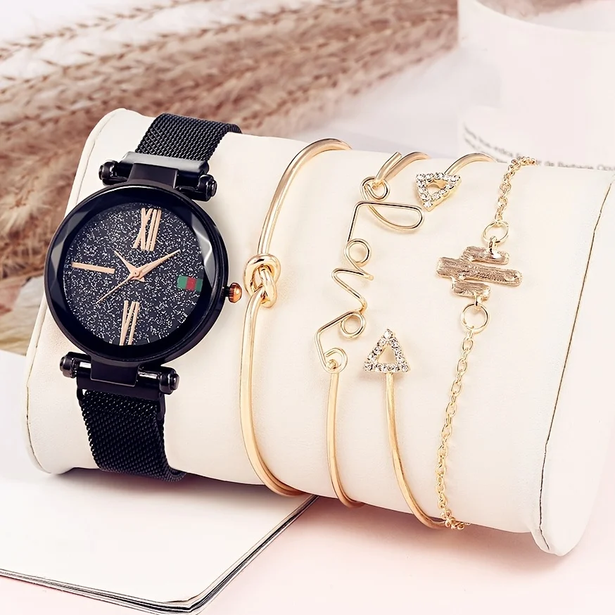 5pcs/set Valentine's Day Gifts 1pc Ladies Fashion Wrist Watch Casual Crystal Quartz Star Dial Women Watch