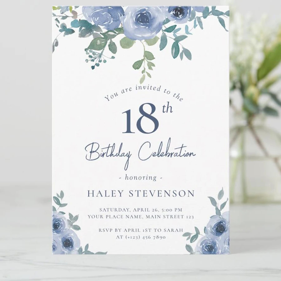 5/20/100pcs 18th birthday invitations, Watercolor Blue Floral birthday invitations 18, Sunflower Birthday Invitation