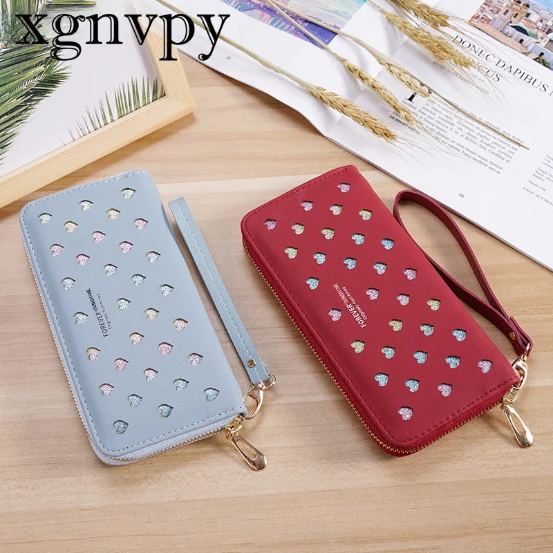 XGNVPY New Korean Style Women Wallet Long Zipper Large Capacity Phone Bag Hollowed Out Love Heart Clutch Handbag