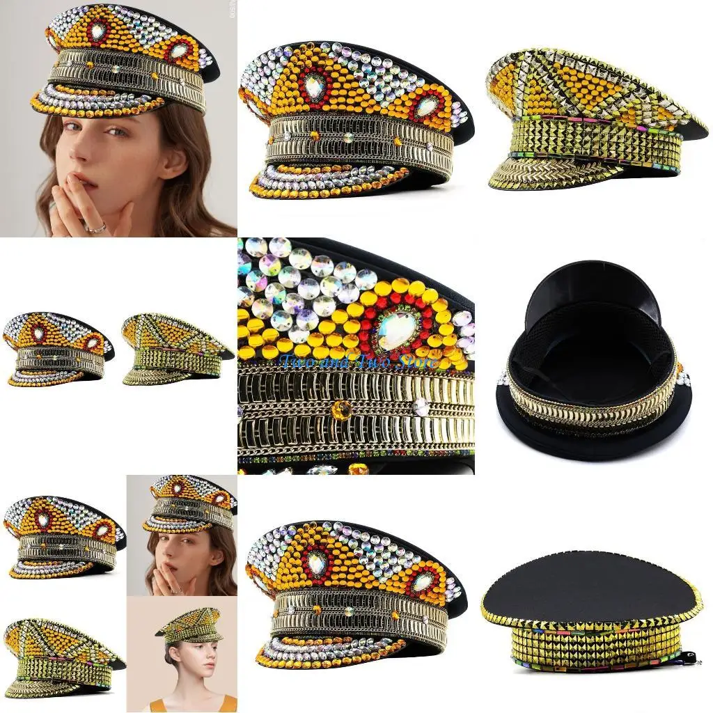 

HX6F Bejeweled Captain Hat Golden Crystals Sailor Hat for Disco House Cocktail Parties Vacation Sparkly Crystals for Bride