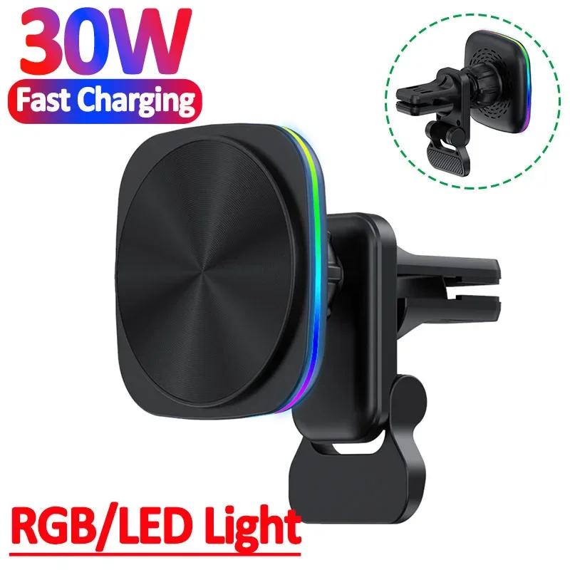 30W RGB LED Light Magnetic Car Wireless Charger Air Vent Phone Holder For iphone 15 14 13 Pro Max Macsafe Fast Charging Station