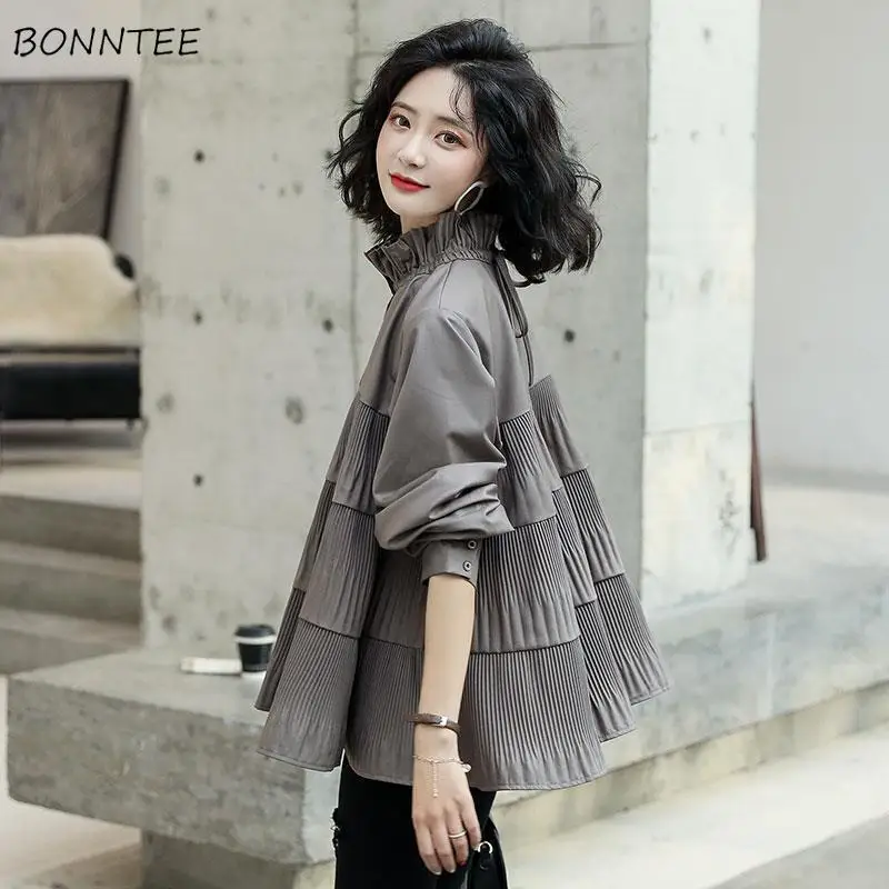 Shirts Women Folds Solid Korean Style Turtleneck Long Sleeves Daily All-match Special Warm Cozy Chic Casual Popular New Arrival