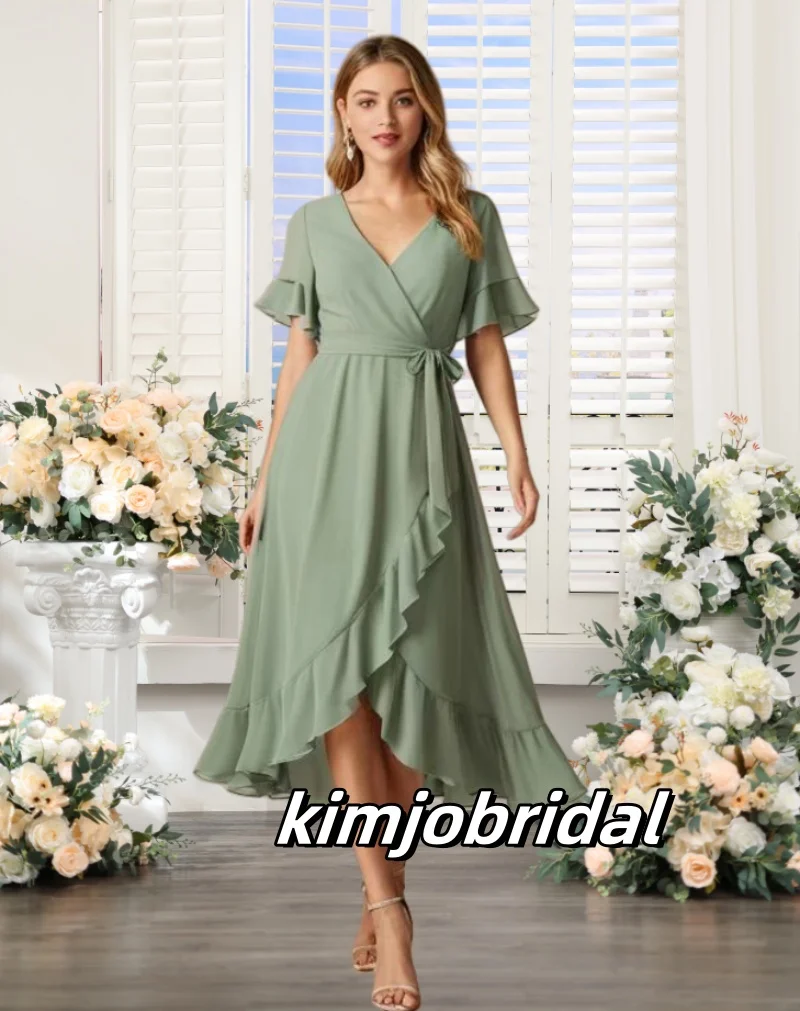 

Actual Image Chiffon V Neck Flutter Sleeve Bridesmaid Dresses Tea Length for Women 2025 Ruffle Short Sleeve Maid of Honor Dress