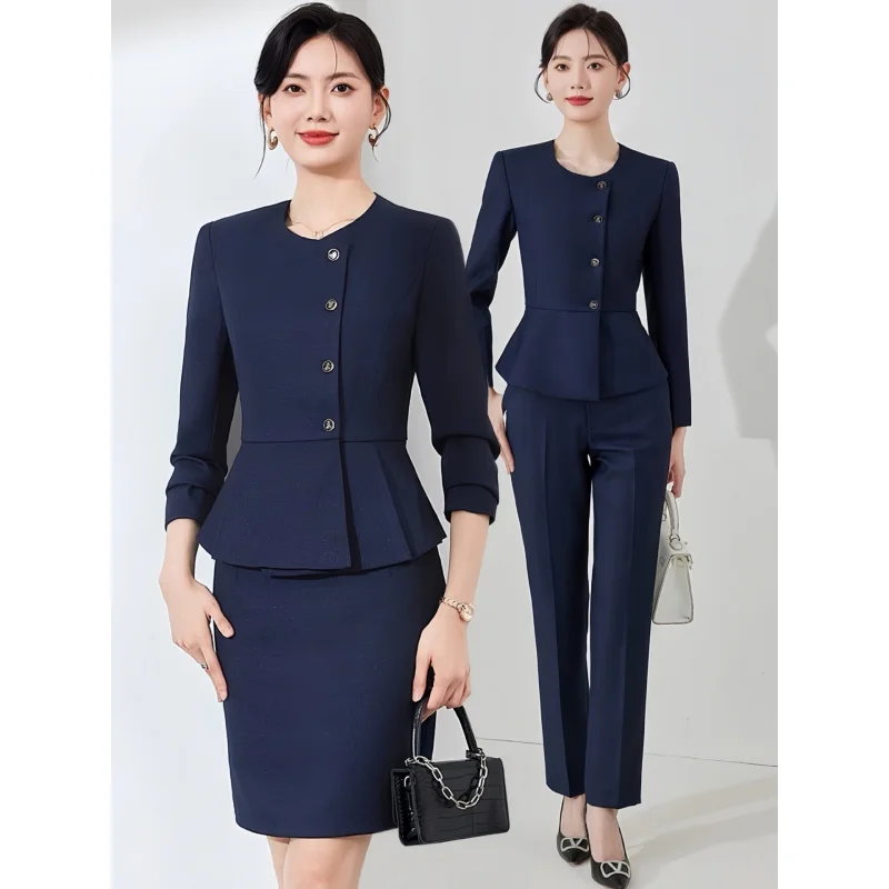 High-end professional women's suit for spring and autumn, elegant attire for hotel managers, front desk staff, jewelry store and